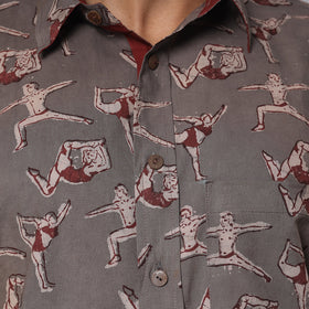 Grey - Bindaas Block Printed Natural Dyed Cotton Men Half Sleeve Shirt