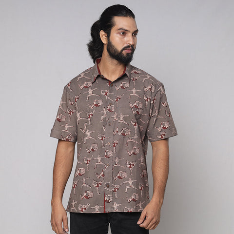 Grey - Bindaas Block Printed Natural Dyed Cotton Men Half Sleeve Shirt