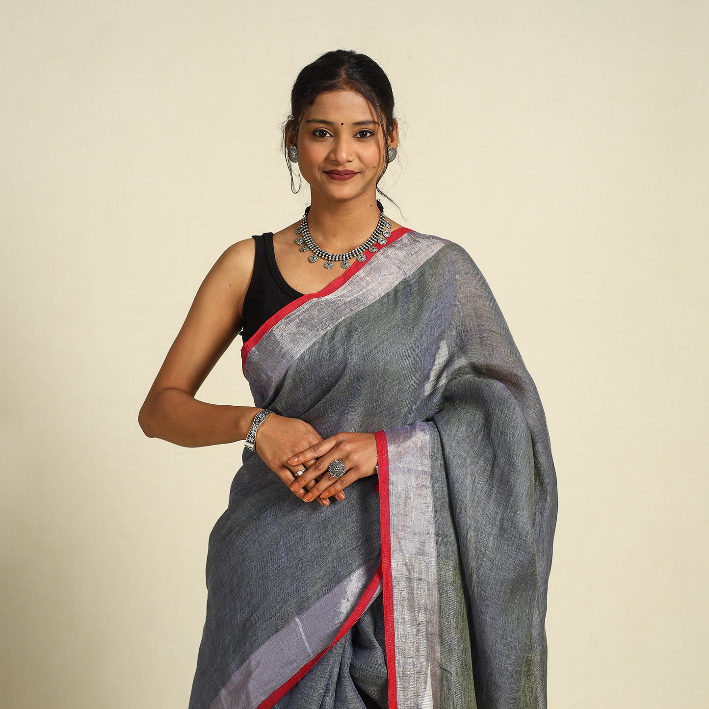  Grey Bishnupur Linen Handloom Saree from Bengal