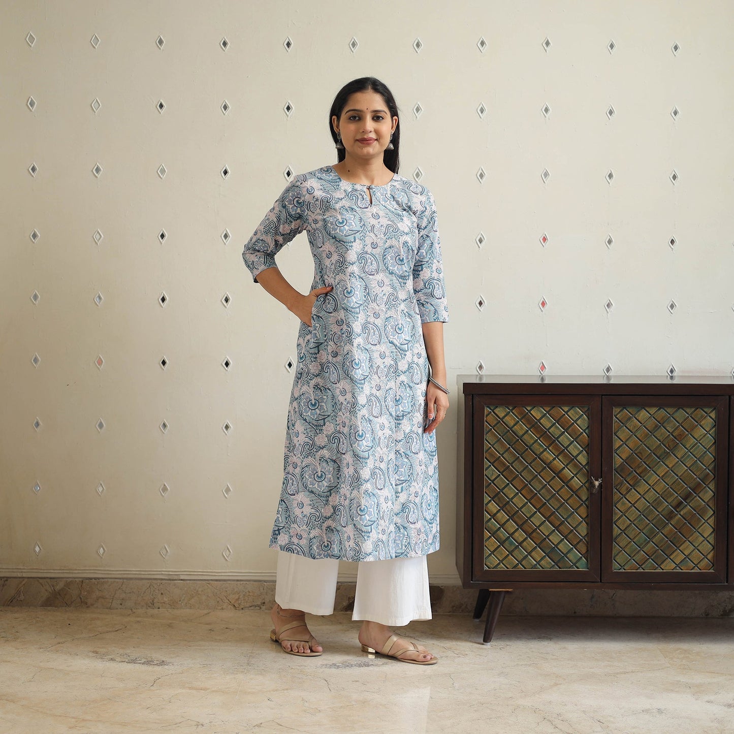 Grey - cotton a-line sanganeri kurta 32 - handcrafted