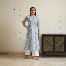 Grey - cotton a-line sanganeri kurta 32 - handcrafted