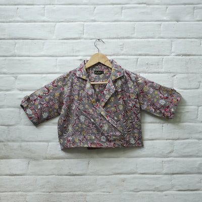 Buy Grey Block Print Cotton Sanganeri Stitched Blouse