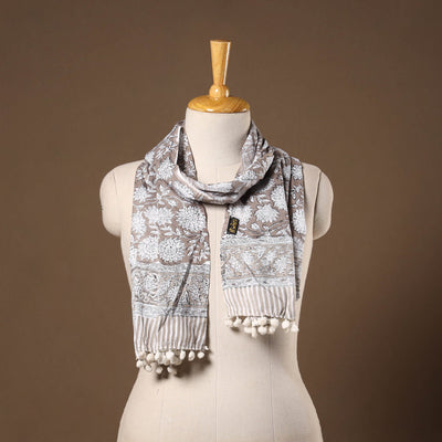 Grey - cotton sanganeri stole with pom 27 - handcrafted