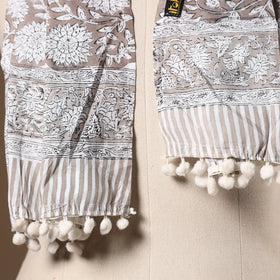 Grey - cotton sanganeri stole with pom 27 - handcrafted