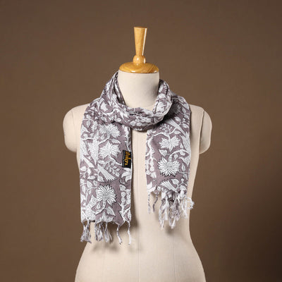 Grey - cotton sanganeri stole with tassels 17 - handcrafted