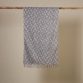 Grey Block Print Cotton Sanganeri Stole with Tassels
