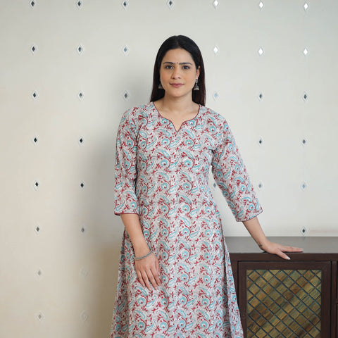 Grey - cotton straight sanganeri kurta 10 - handcrafted