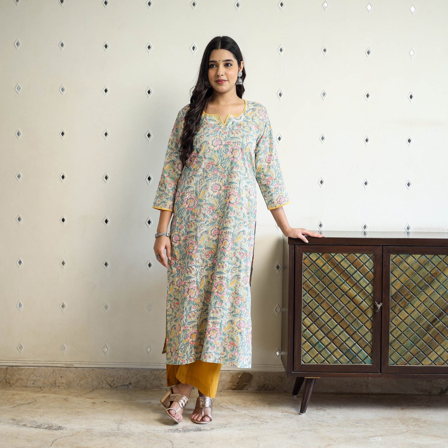 Grey Block Print Cotton Straight Sanganeri Kurta for Women