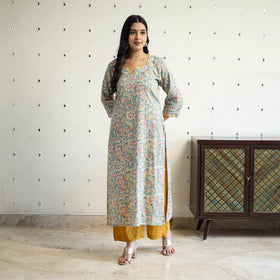 Grey Block Print Cotton Straight Sanganeri Kurta for Women