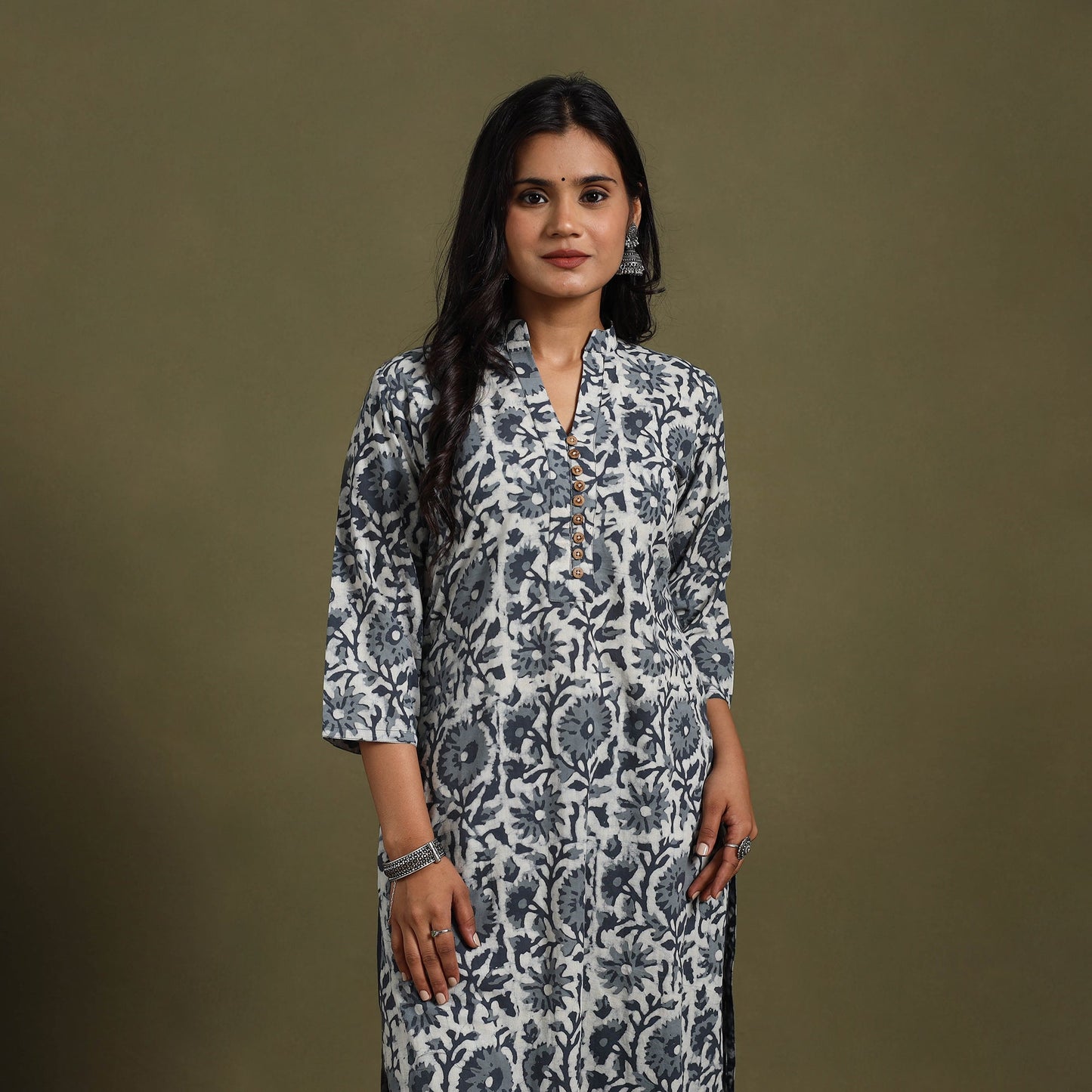 Grey Block Print Natural Dyed Cotton Straight Jahota Kurta