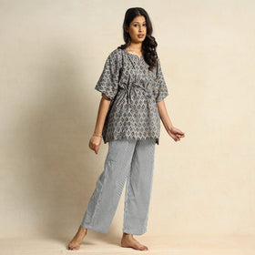  Grey Block Printed Cotton Kaftan Pyjama Night Suit Set