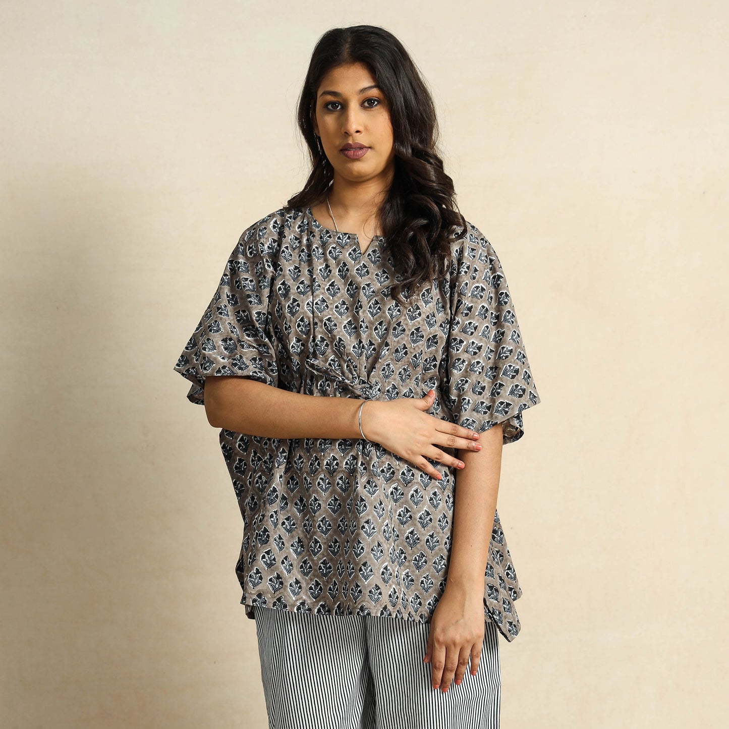  Grey Block Printed Cotton Kaftan Pyjama Night Suit Set