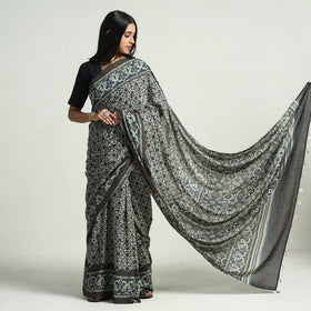  Grey Block Printed Mul Cotton Ajrakh Saree