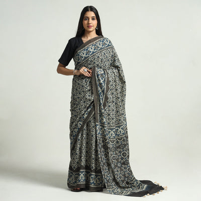 Grey Block Printed Mul Cotton Ajrakh Saree