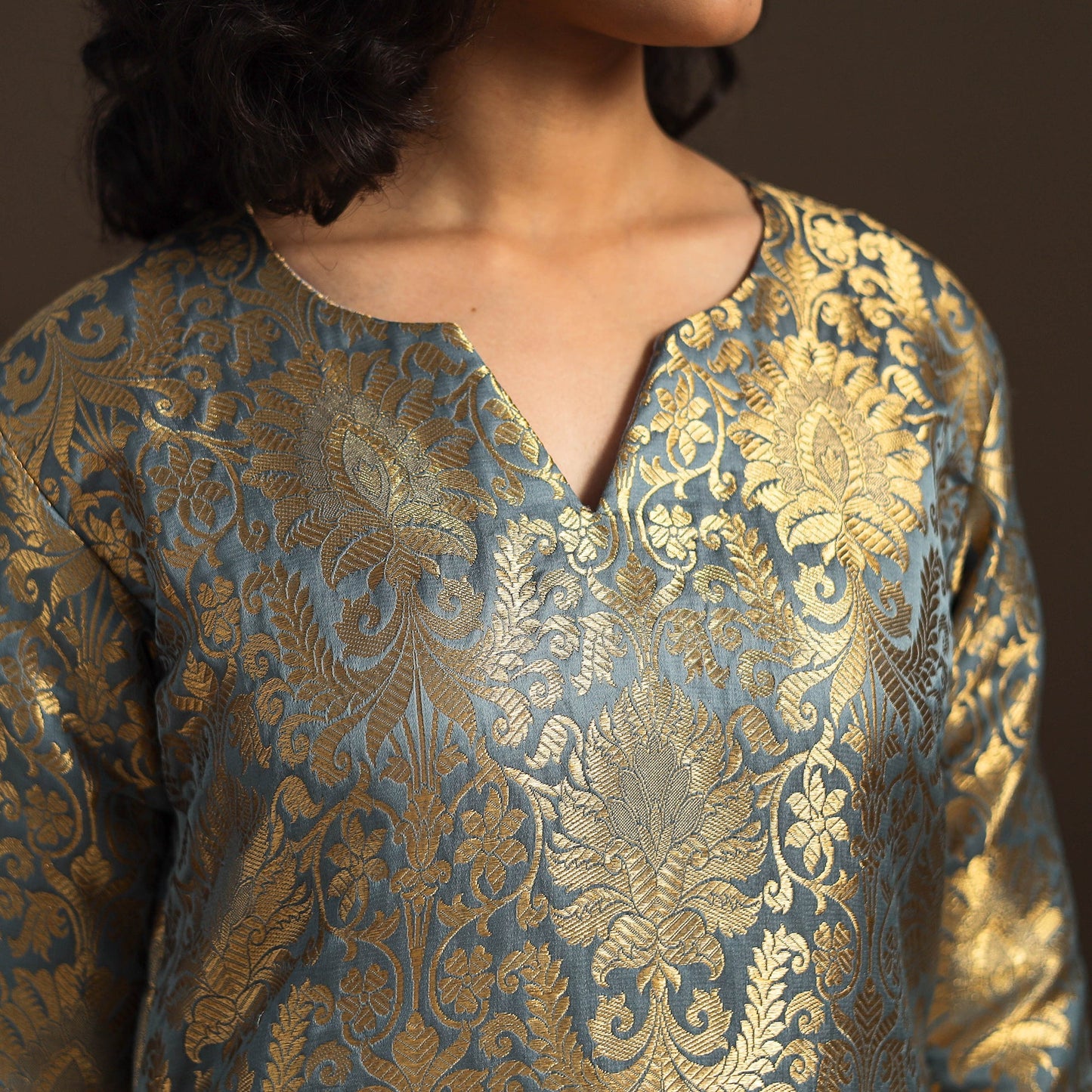 Grey - brocade silk a-line banarasi kurta 05 - handcrafted
