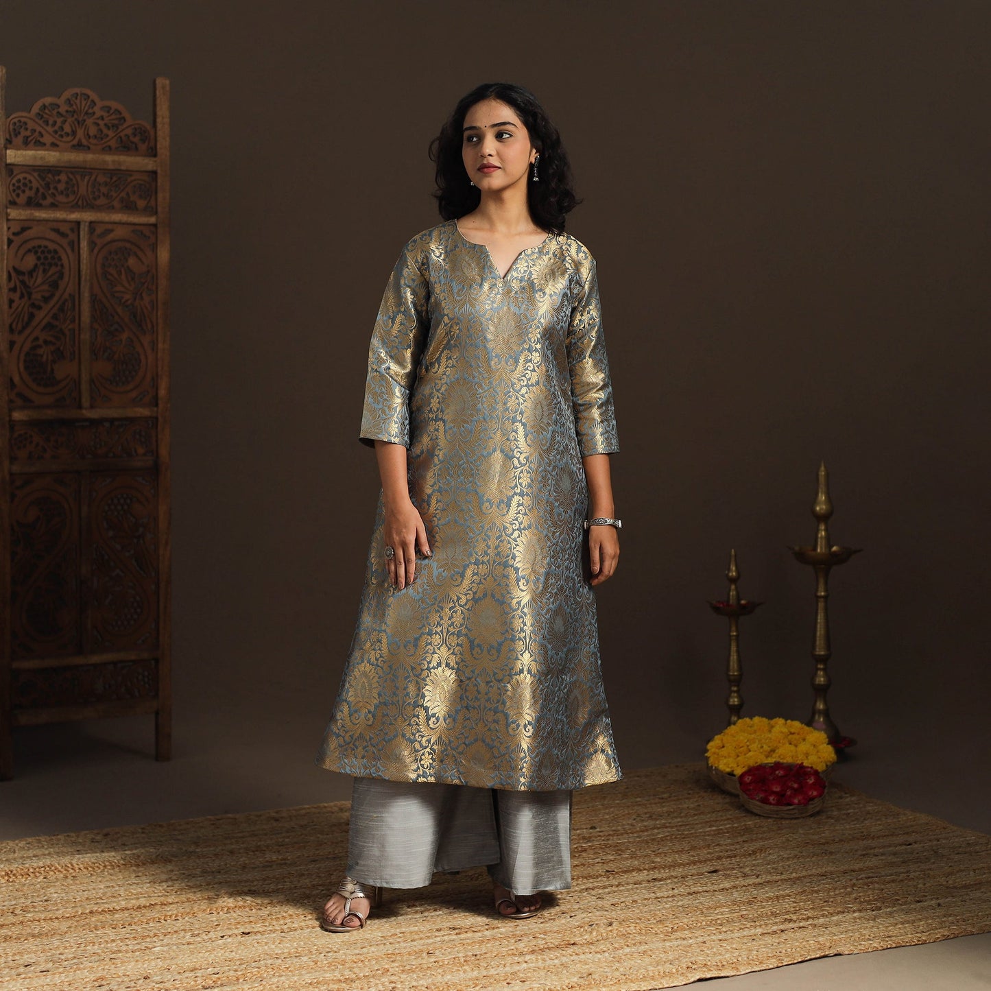 Grey - brocade silk a-line banarasi kurta 05 - handcrafted