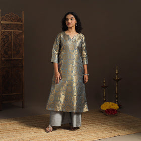 Grey - brocade silk a-line banarasi kurta 05 - handcrafted