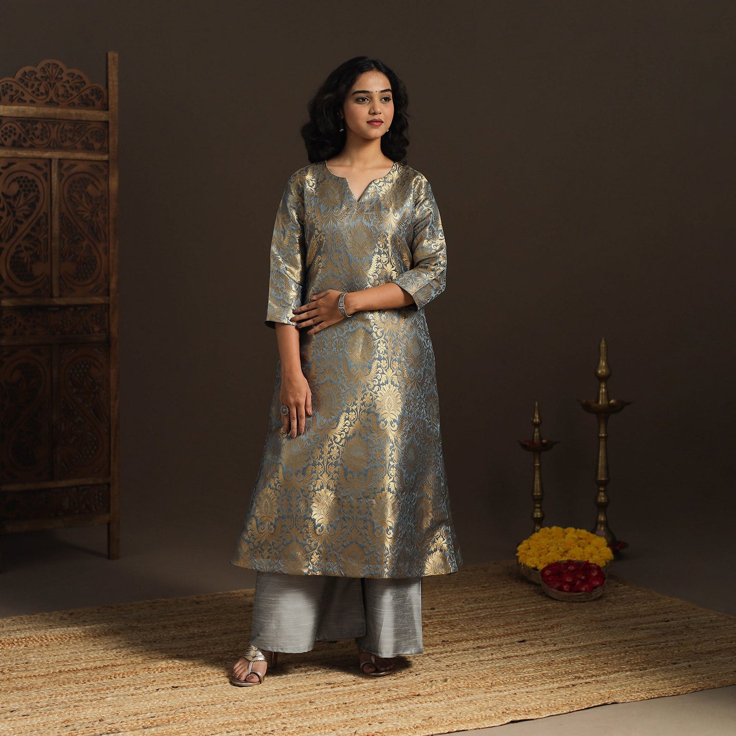 Grey - brocade silk a-line banarasi kurta 05 - handcrafted
