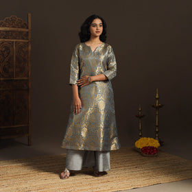 Grey - brocade silk a-line banarasi kurta 05 - handcrafted