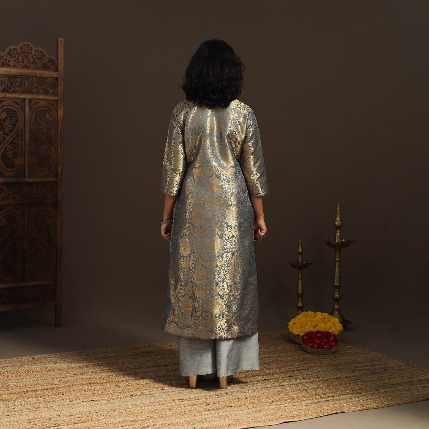 Grey - brocade silk a-line banarasi kurta 05 - handcrafted