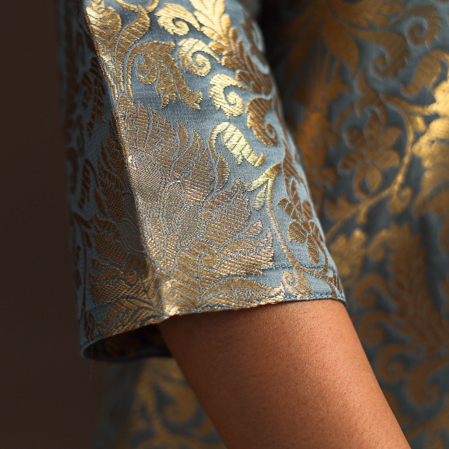 Grey - brocade silk a-line banarasi kurta 05 - handcrafted