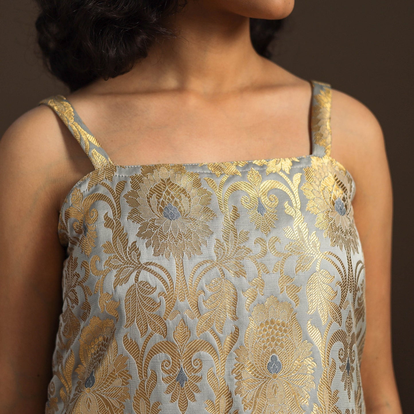 Grey - brocade silk straight banarasi kurta 12 - handcrafted