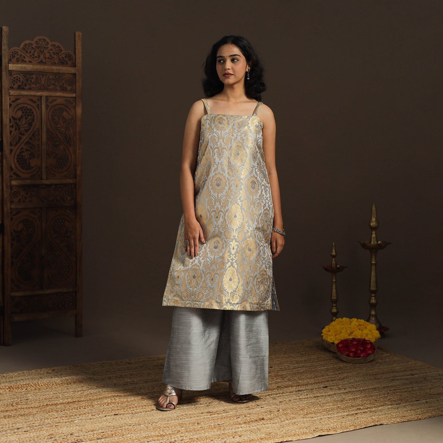 Grey - brocade silk straight banarasi kurta 12 - handcrafted