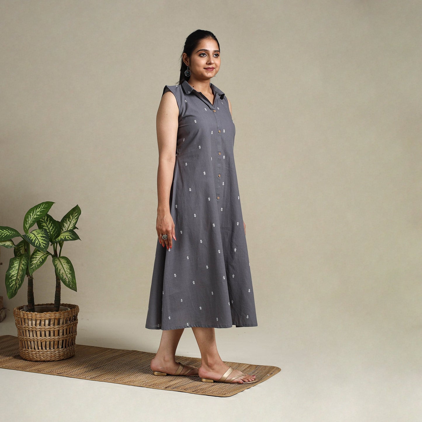 Grey Button Down Cotton Jacquard Dress
