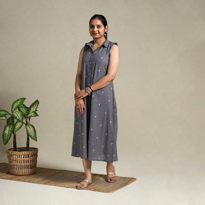 Grey Button Down Cotton Jacquard Dress