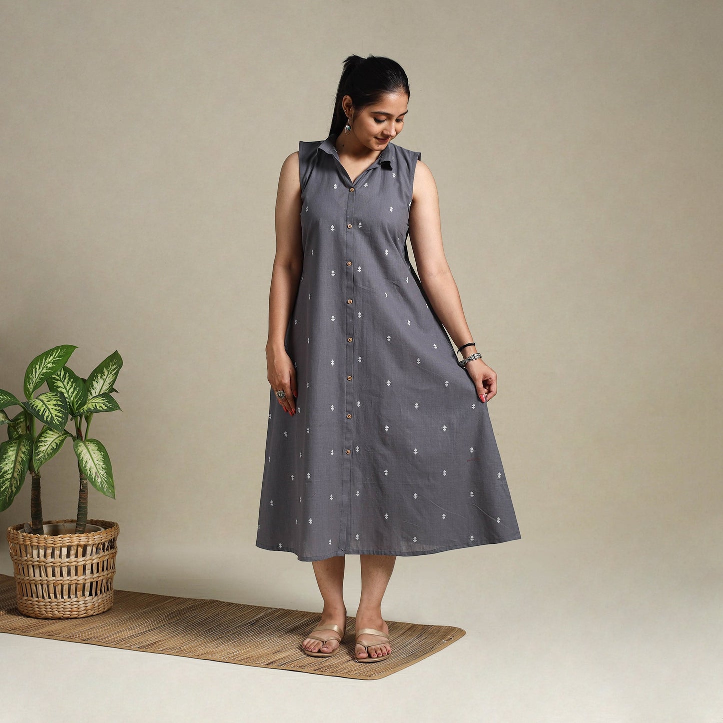 Grey Button Down Cotton Jacquard Dress