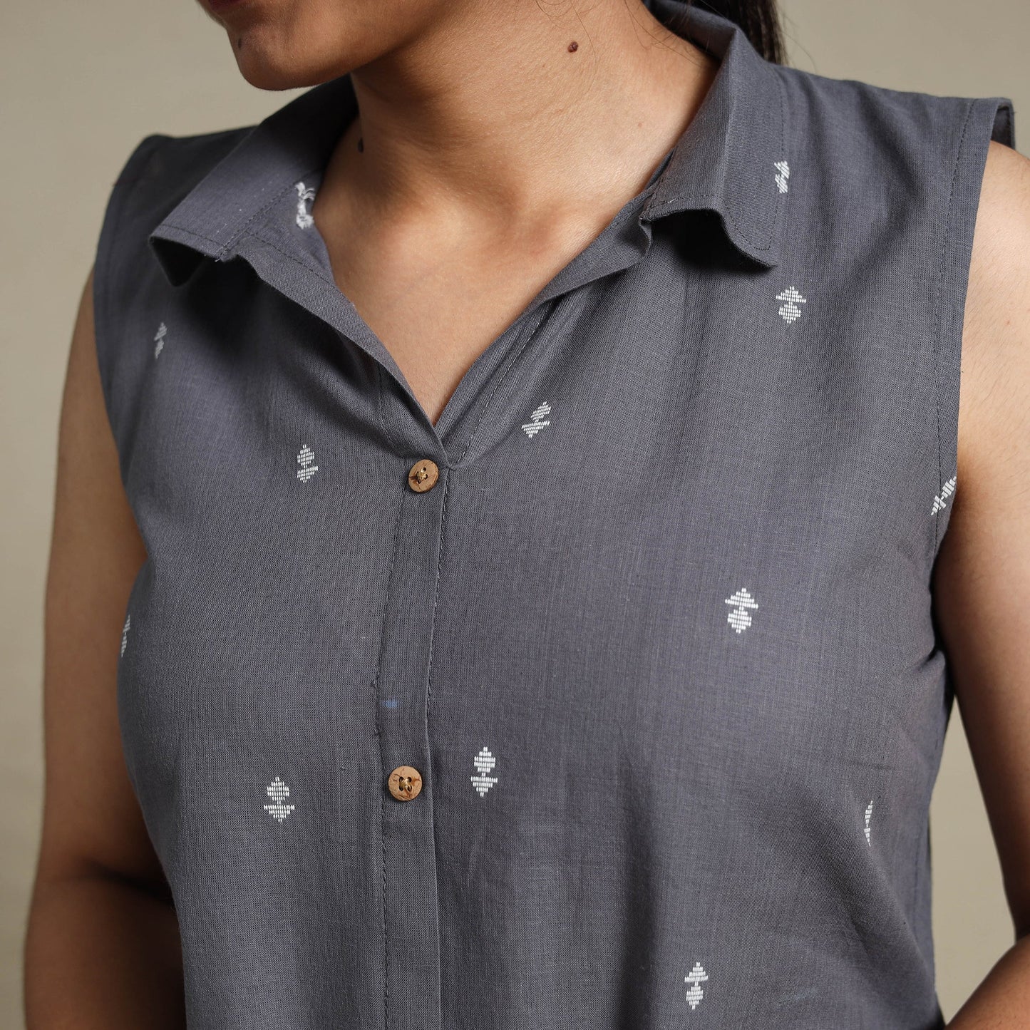 Grey Button Down Cotton Jacquard Dress