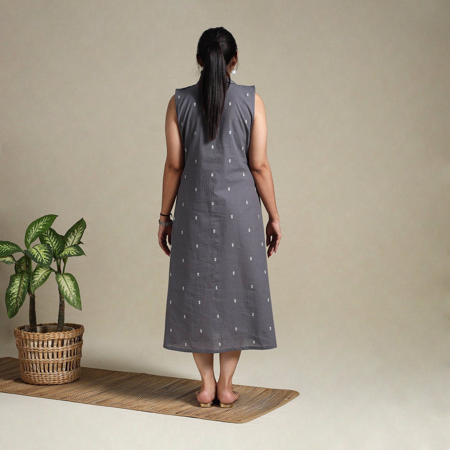 Grey Button Down Cotton Jacquard Dress