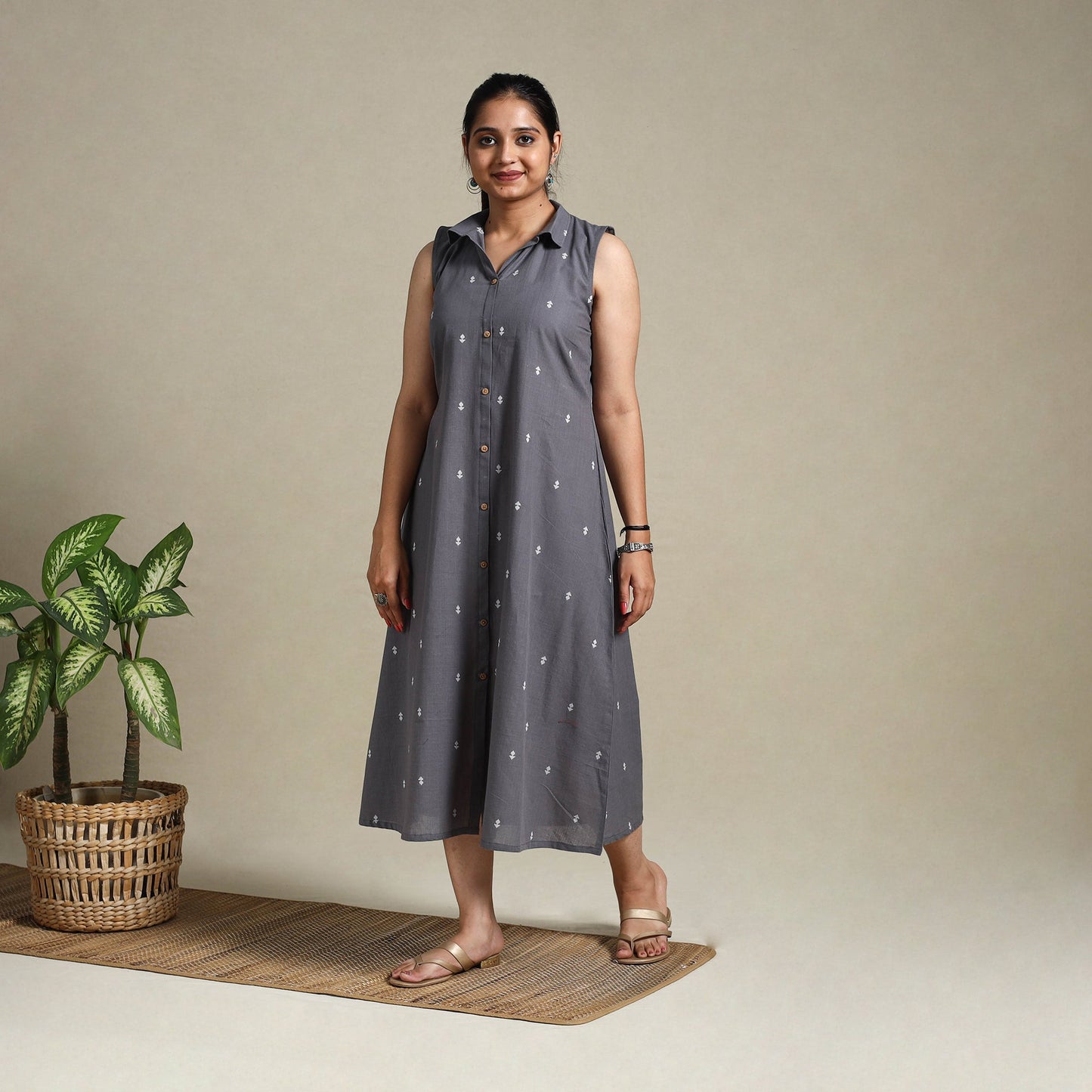 Grey Button Down Cotton Jacquard Dress