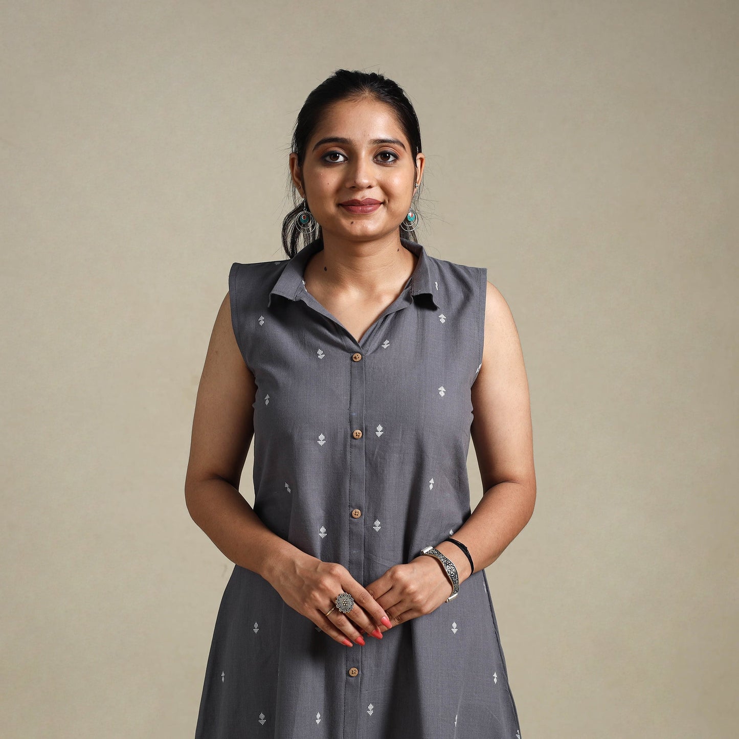 Grey Button Down Cotton Jacquard Dress