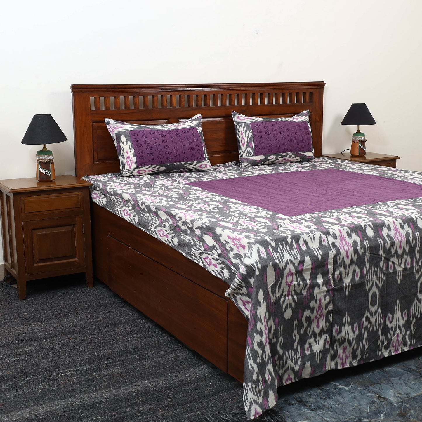 Central Asian Ikat with Bagh Patch Cotton Bedsheet Set