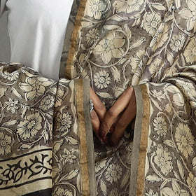 Grey - chanderi silk bagru dupatta with zari border 23