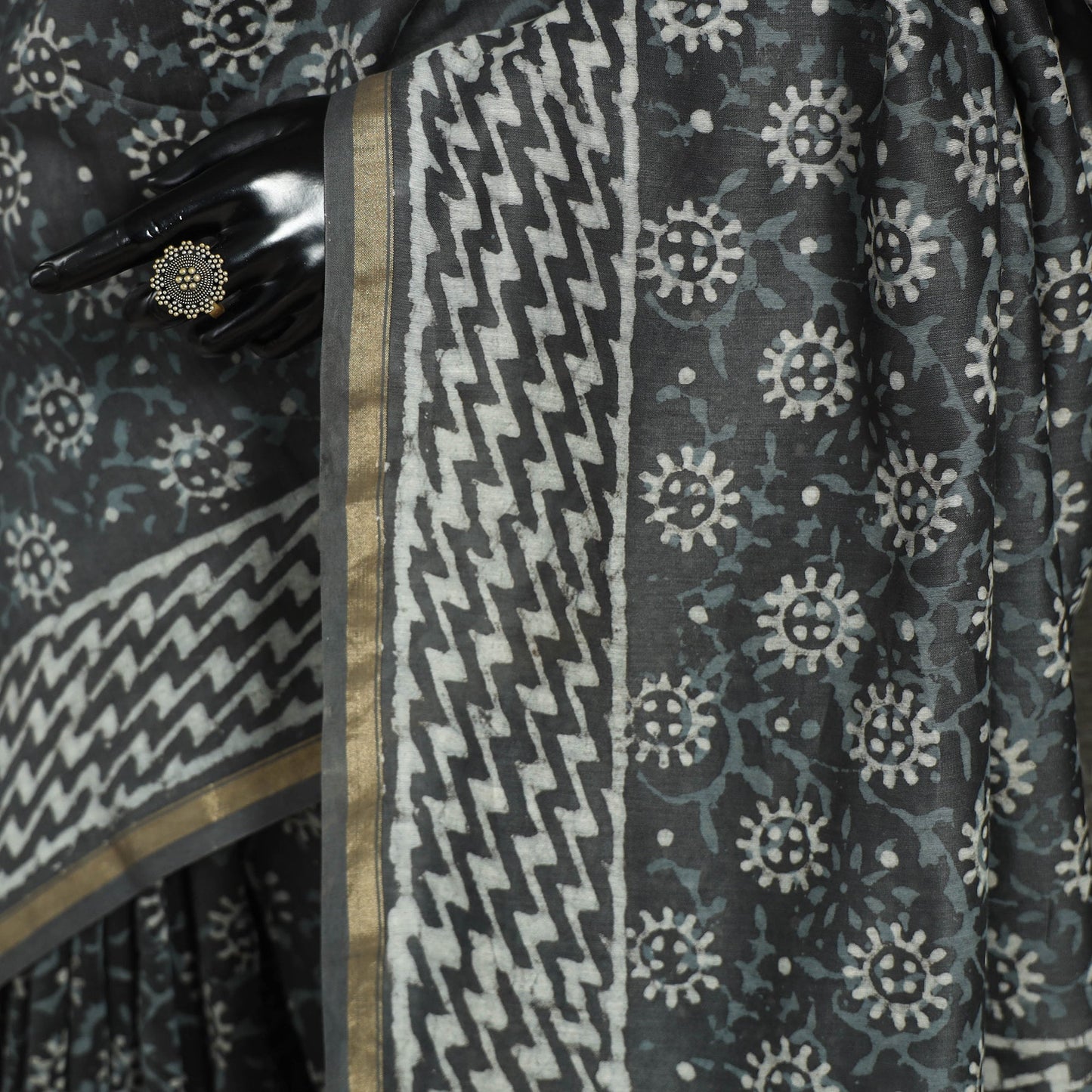 Block Print Chanderi Silk Bagru Saree with Zari Border