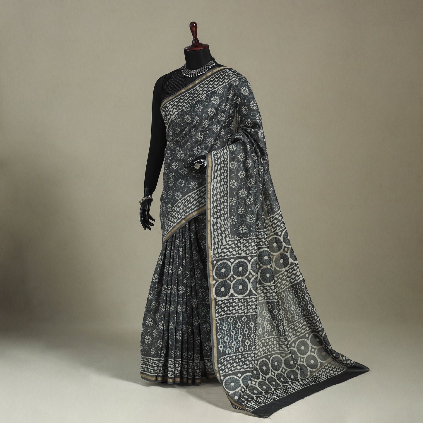 Block Print Chanderi Silk Bagru Saree with Zari Border