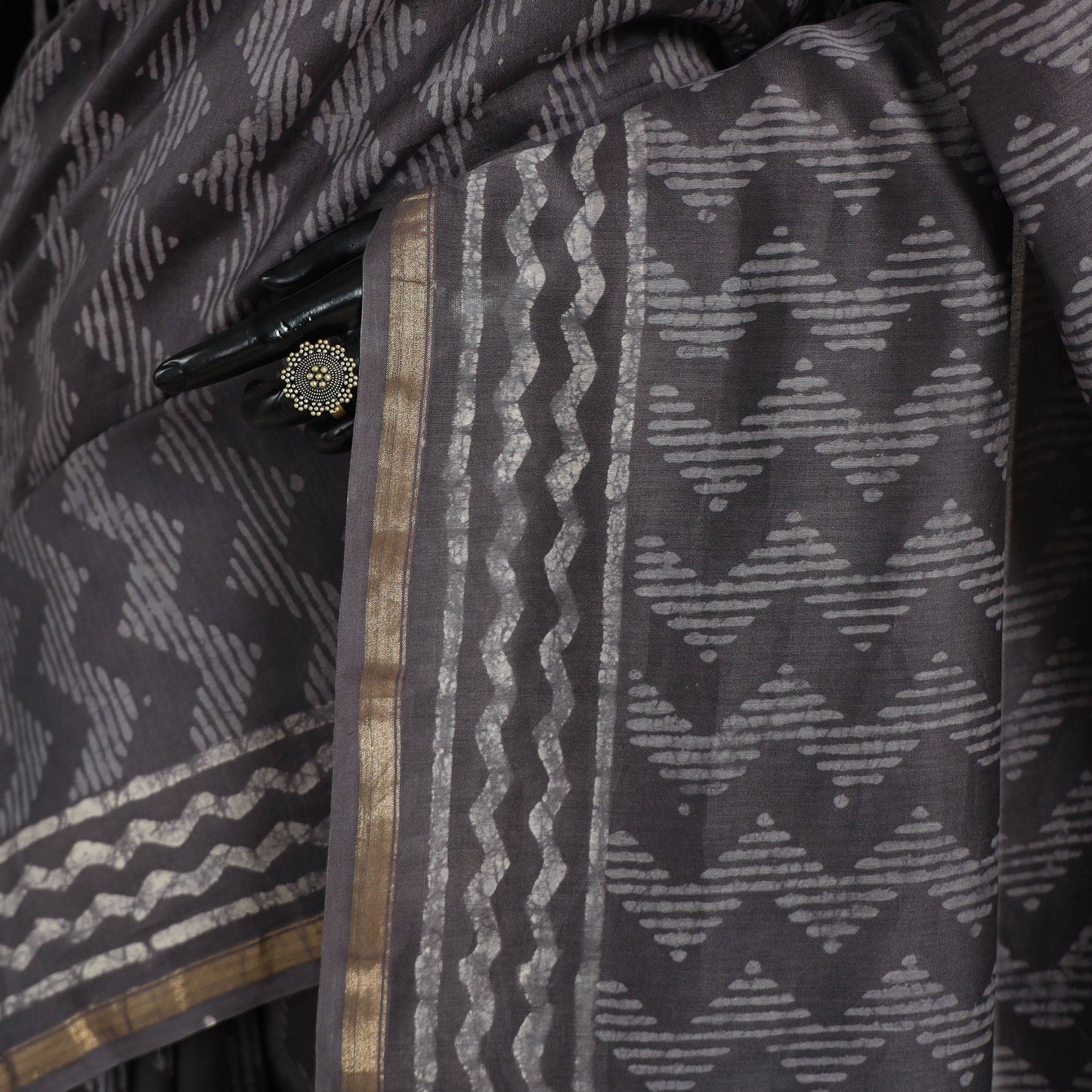 Block Print Chanderi Silk Bagru Saree with Zari Border