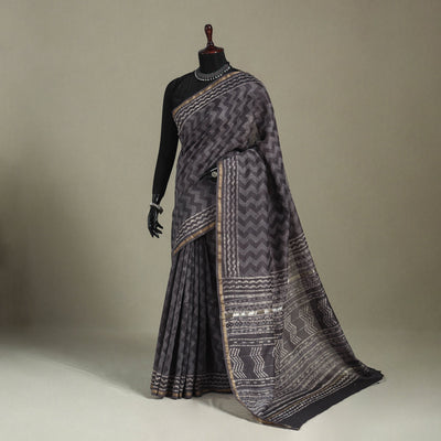 Block Print Chanderi Silk Bagru Saree with Zari Border