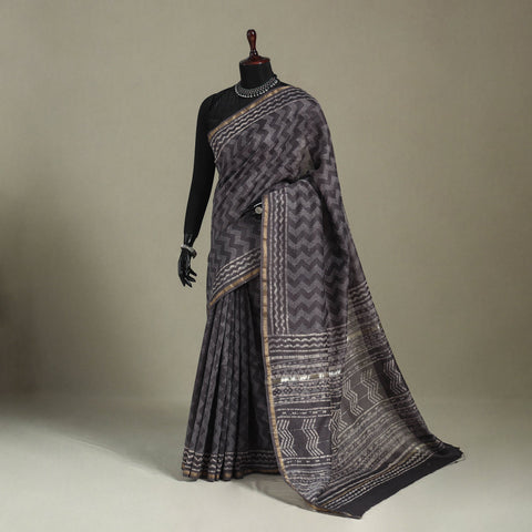 Block Print Chanderi Silk Bagru Saree with Zari Border
