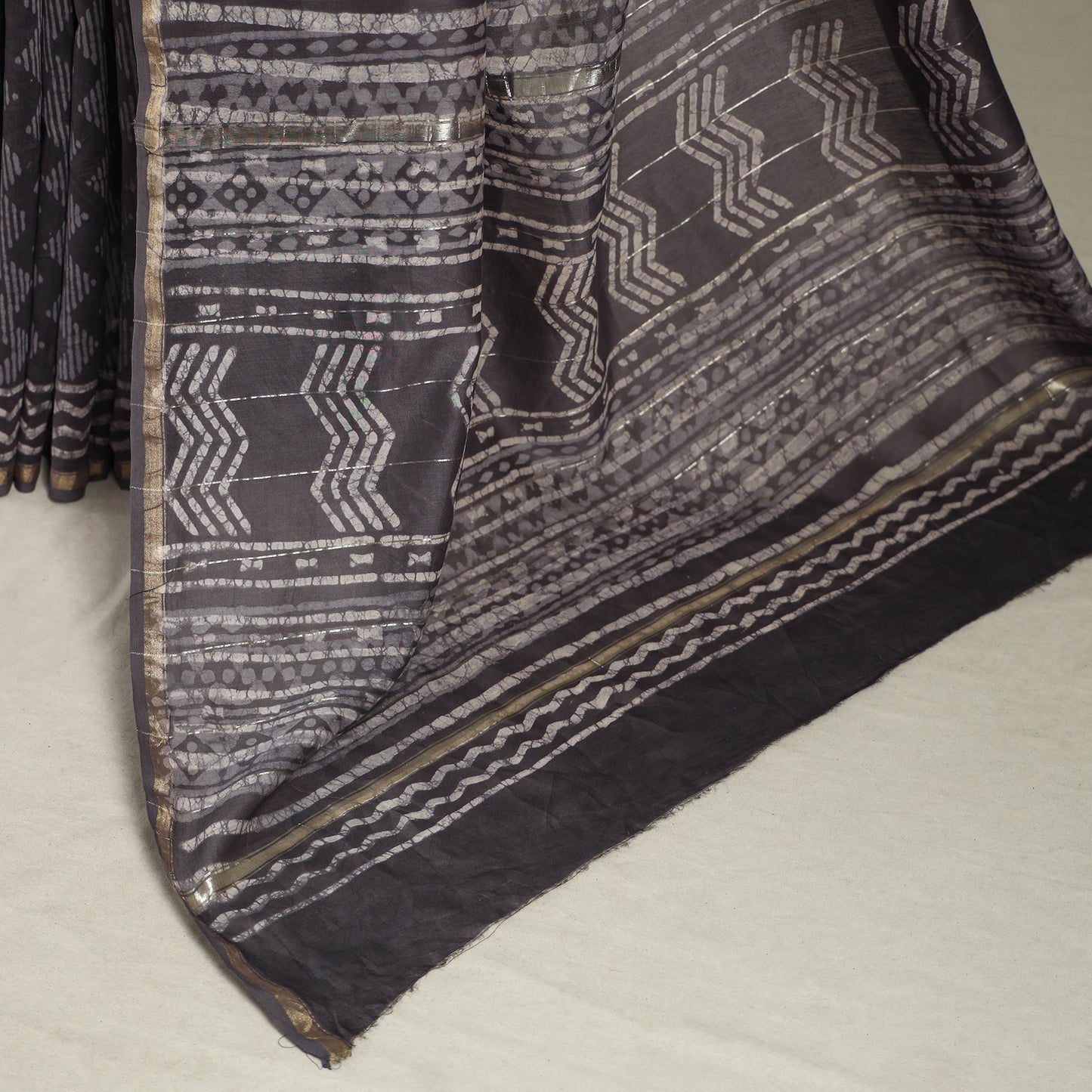 Block Print Chanderi Silk Bagru Saree with Zari Border