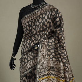 Block Print Chanderi Silk Bagru Saree with Zari Border