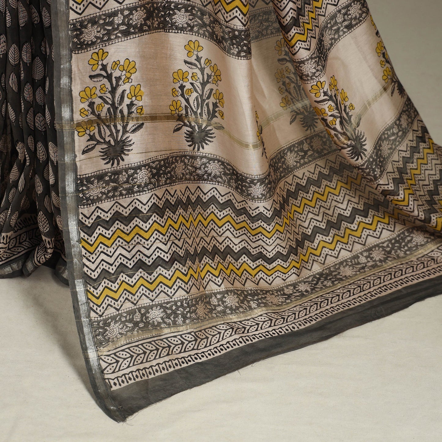 Block Print Chanderi Silk Bagru Saree with Zari Border