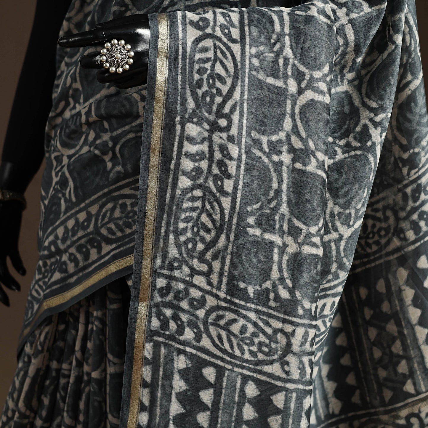 Grey - Chanderi Silk Hand Block Print Bagru Saree with Zari Border 21