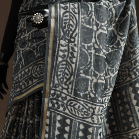 Grey - Chanderi Silk Hand Block Print Bagru Saree with Zari Border 21