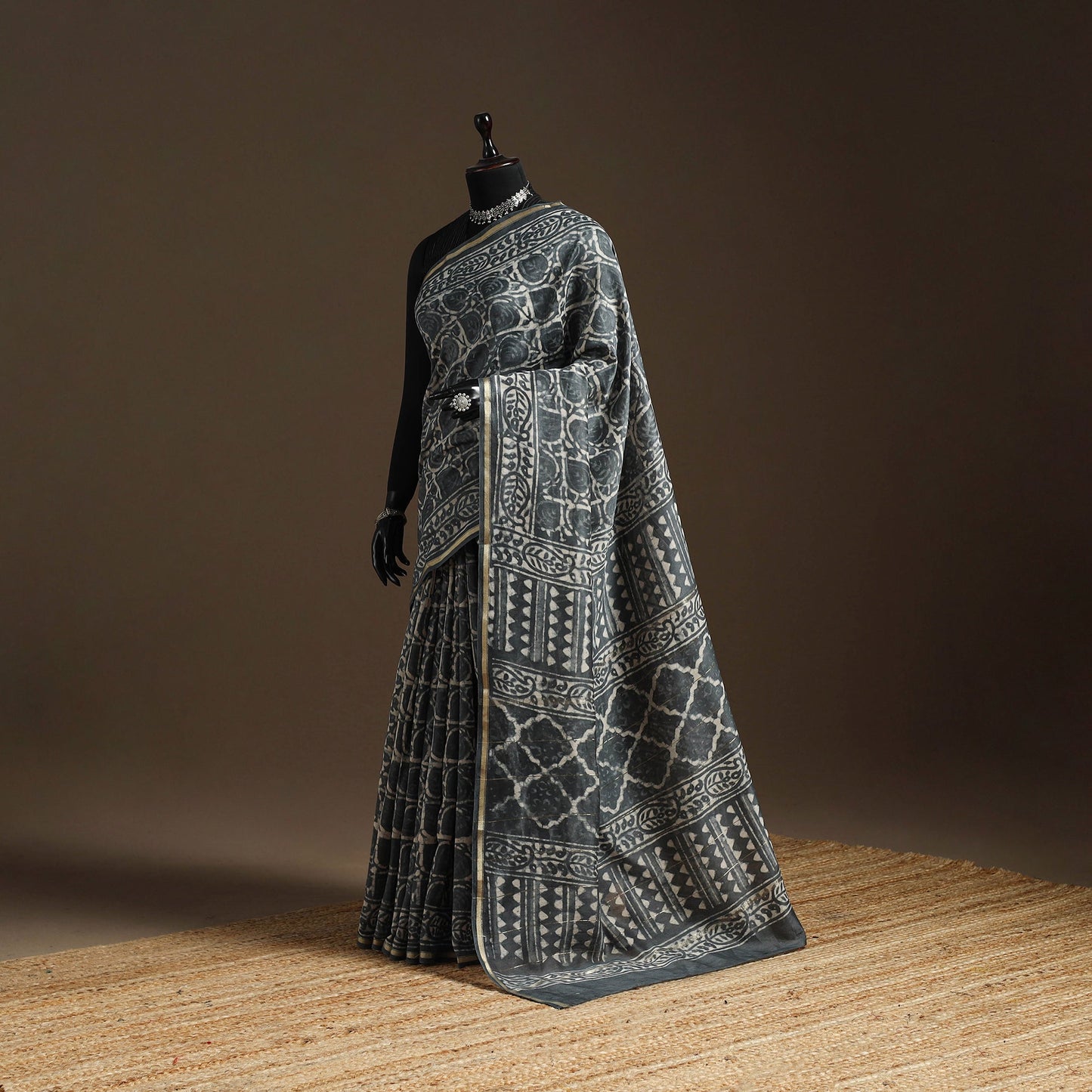 Grey - Chanderi Silk Hand Block Print Bagru Saree with Zari Border 21