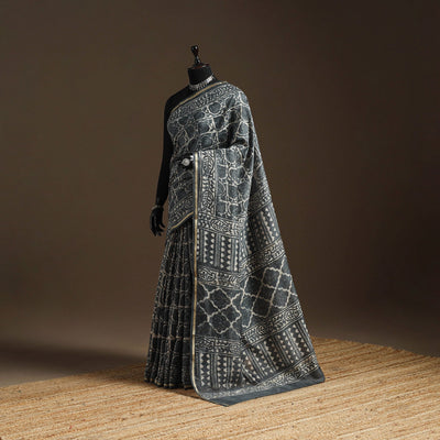 Grey - Chanderi Silk Hand Block Print Bagru Saree with Zari Border 21