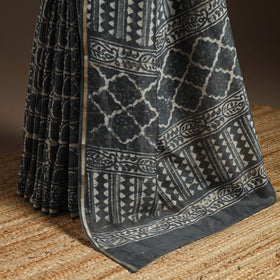 Grey - Chanderi Silk Hand Block Print Bagru Saree with Zari Border 21