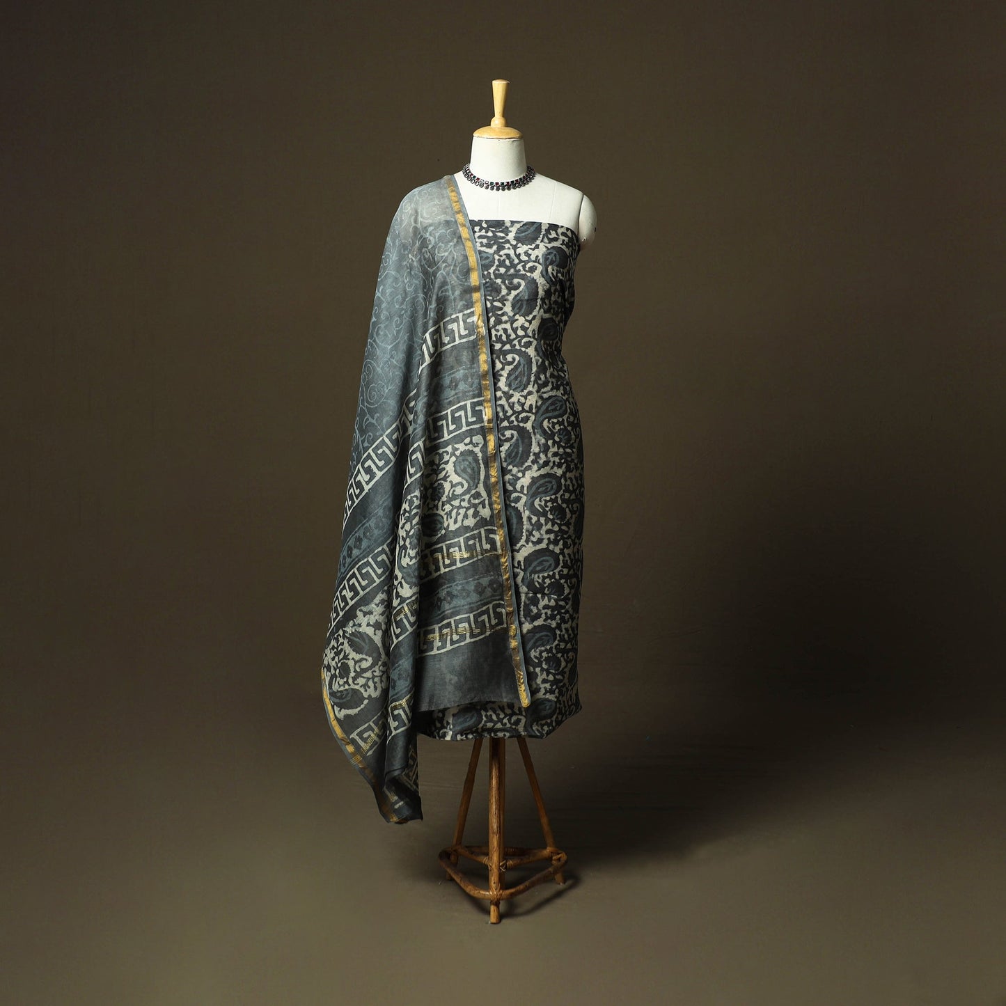 Chanderi silk hand block bagru print 3pc unstitched dress